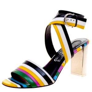 Salvatore Ferragamo Multicolor Stripe Leather Gilli Ankle Wrap Sandals Size 10